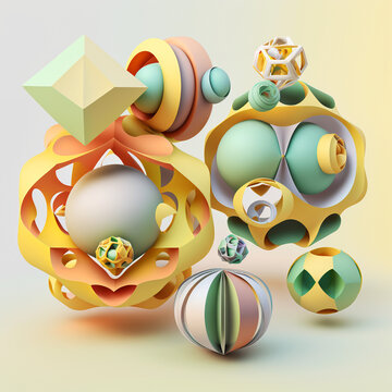 Abstract composition of 3d shapes, AI generated art.