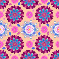 Fototapeta na wymiar Seamless pattern of multicolored snowflakes, ornament, flower.