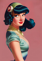 1940s Style Digital Painting of a Black-Haired Pin Up Girl. [Fantasy / Historic / Horror Character Portrait. Generative AI. Graphic Novel, Video Game, Anime, Comic Book, or Manga Illustration.]