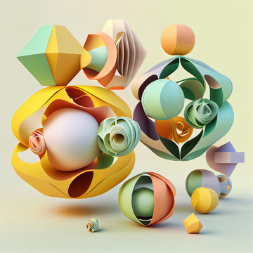 Abstract composition of 3d shapes, AI generated art.