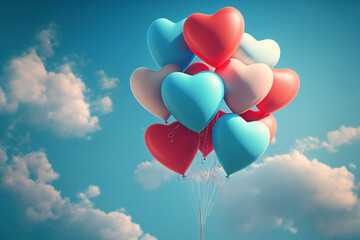 Naklejka na ściany i meble Heart Shaped Balloons In Sky - Generative Ai