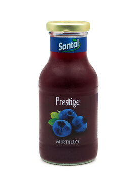 ROME, ITALY - JANUARY 21, 2023. Santal blueberry juice isolated on white background. Santal is an Italian brand of juices and nectars which makes customers happy around the world more than 30 years.