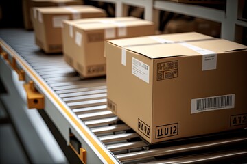 Delivery Boxes on Conveyor Belt in a logistics center, generative ai