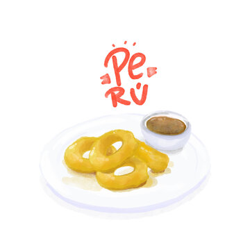 Ilustración de postre peruano típico, picarones con miel y lettering
