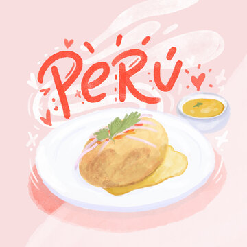 Ilustración de perú y comida típica, papa rellena con ají y fondo rosado con lettering