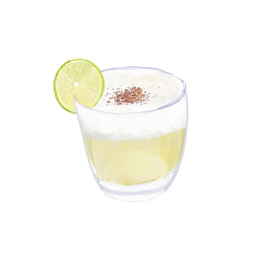 Ilustración de vaso de pisco sour peruano con rodaja de limón
