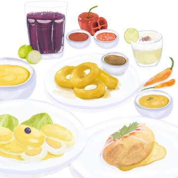 Ilustración de comida típica peruana, chicha morada, ajíes, papa a la huancaina, picarones y otros.