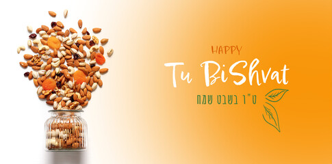 Mix of dry fruits and nuts, branch with young green leaves. Concept of the Jewish holiday. Banner with the inscription Tu Bishvat in English and Hebrew