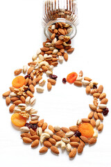 Obraz premium Dried fruits and nuts mixed and glass jar. Concept of the Jewish holiday Tu Bishvat on white background with copy space