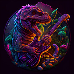 Fototapeta premium Dinosaur skeleton playing guitar in jungles. AI generative.