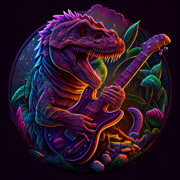Dinosaur skeleton playing guitar in jungles. AI generative.