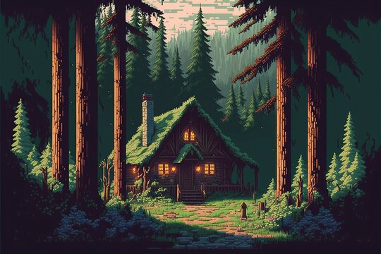 House in the forest, 32-bit pixel art "AI"