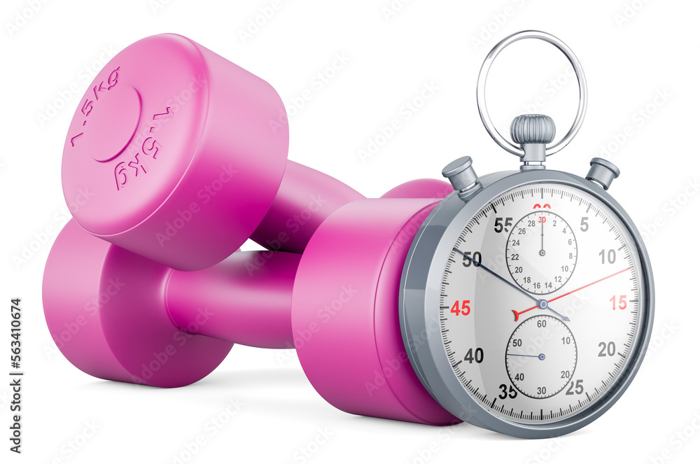 Poster dumbbells for strength training with stopwatch. 3d rendering
