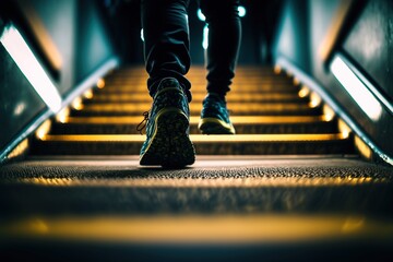 A close up shot of a man's shoes while jogging up a bright yellow staircase underground, generative ai
