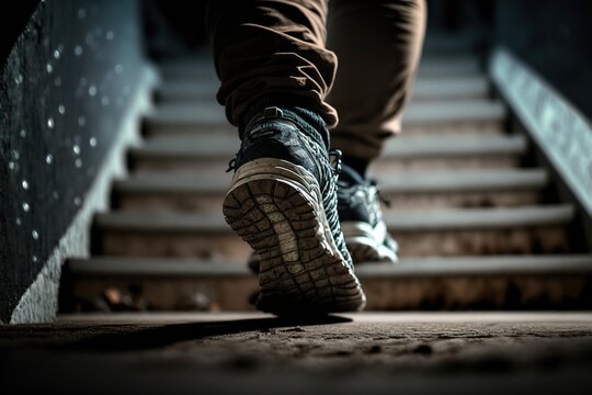 Close-up Of Dirty Shoes Taking A Step Up A Dirty Staircase, Generative Ai