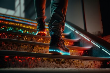 Close-up of sneakers with an LED-lit midsole while standing on a brightly neon-lit staircase, backview, generative ai