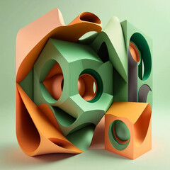 Orange and Green Geometric Abstract 3D Render Design created with Generated AI technology