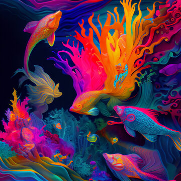 Colorful fish underwater with corals. AI generative.