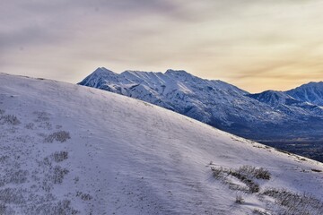 Timpanogos Peak snow covered mountain views from Maack Hill hiking Lone Peak Wilderness Wasatch Rocky Mountains, Utah. United States.  