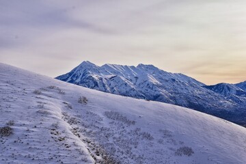 Timpanogos Peak snow covered mountain views from Maack Hill hiking Lone Peak Wilderness Wasatch Rocky Mountains, Utah. United States.  