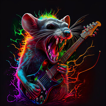 Isolated rat playing guitar. Generative Ai.