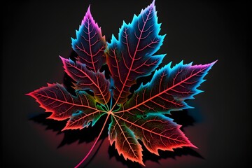 A neon-lit colorful maple leave on a dark background