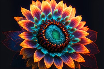 A neon-lit colorful sunflower on a dark background, generative ai