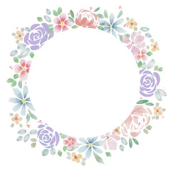 Watercolor round frame with summer flowers. Pastel floral circle board.  Wedding template for holiday cards, banners, decor.