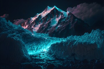 A neon-lit glacier in the dark, generative ai 