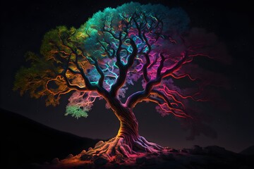 A neon-lit tree in the night, generative ai