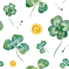 Watercolor seamless pattern with green shamrock leaves with golden coins. St-Patrick day holiday endless background with hand drawn green shamrock leaves to celebrate Irish tradition.