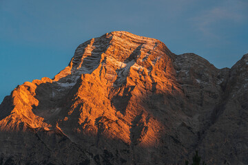 Close up view of the Dolomite mountain peak at sunset, Dolomite Alps in Italy