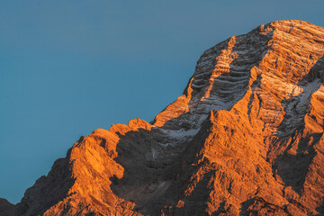 Close up view of the Dolomite mountain peak at sunset, Dolomite Alps in Italy