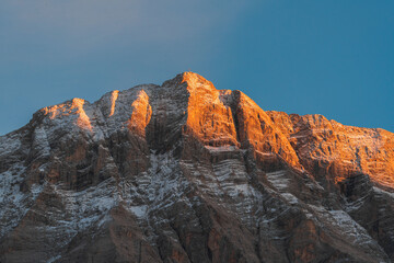 Close up view of the Dolomite mountain peak at sunset, Dolomite Alps in Italy