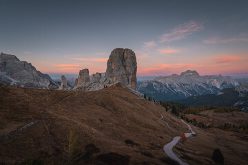 Dolomite mountain landscapes, Aerial view of Cinque Torri in Dolomite Alps, Italy