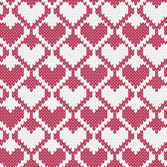 Hearts jacquard knitted seamless pattern. Valentine background. Viva magenta color 2023. Vector illustration.