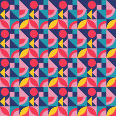 Geometric shapes in the Bauhaus style. Seamless pattern. Colorful shapes - circles, triangles and squares. Vector illustration in modern style. Creative cover for magazine, posters, social networks