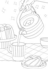 Still life from teapot, cup, cake. Vector coloring antistress