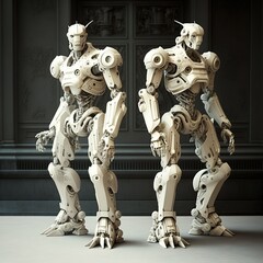 Antique white full body statues made of robots, created with Generative AI technology