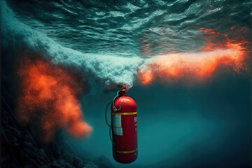 Fire extinguisher at the bottom of the ocean, created with Generative AI technology - obrazy, fototapety, plakaty
