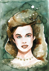 Hand-painted watercolor portrait of a beautiful woman on a gray background.