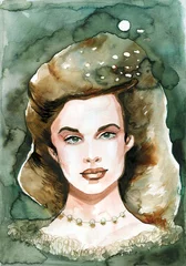 Fototapete Malerische Inspiration Hand-painted watercolor portrait of a beautiful woman on a gray background.