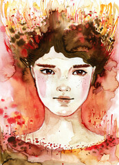 Hand-painted watercolor portrait of a girl on a red background.