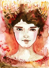 Papier Peint photo Inspiration picturale Hand-painted watercolor portrait of a girl on a red background.