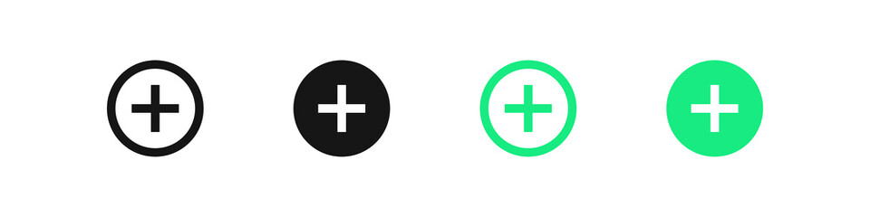 Obraz premium Plus in the circle icon. Add symbol. Addition signs. Medical and emergency symbols. Positive button icons. Black and green color. Vector sign.