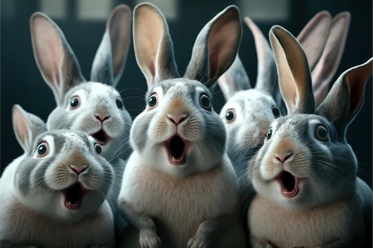 Group of surprised rabbits, created with Generative AI technology