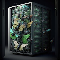 Server rack full of insects, created with Generative AI technology