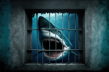 Shark in a jail behind bars, concept of criminal, business shark, created with Generative AI technology