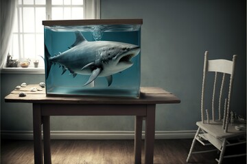 Shark in small table aquarium standing on a desk, created with Generative AI technology