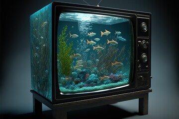 Tv in aquarium standing on a desk, concept of mixture of nature and technology,  created with Generative AI technology